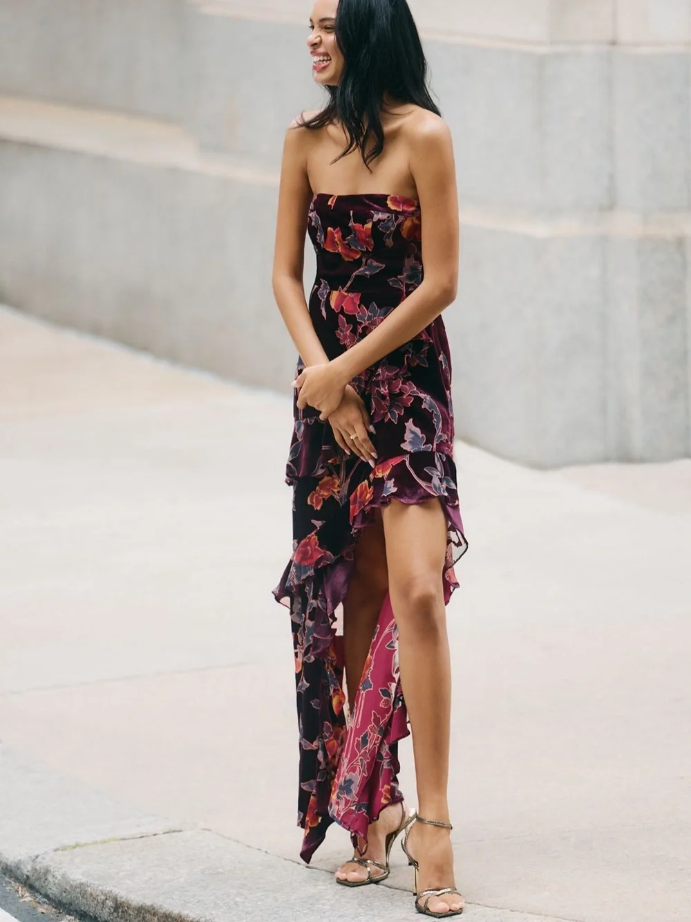 Endless Rose Strapless Ruffles Velvet High-Low Dress - Picture 3 of 5